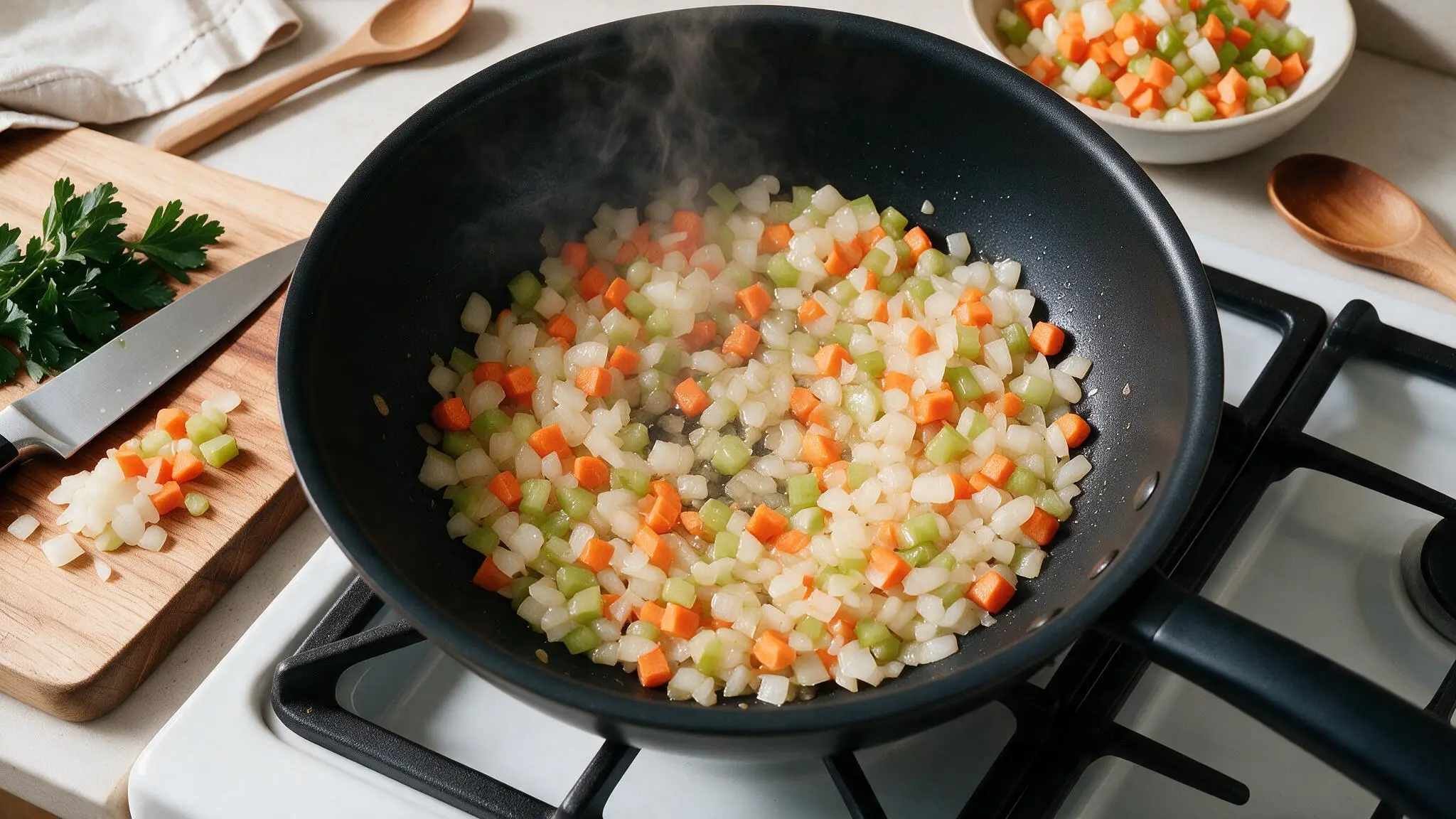 Diced onions, carrots, and celery cooking gently in a black pan over low heat.