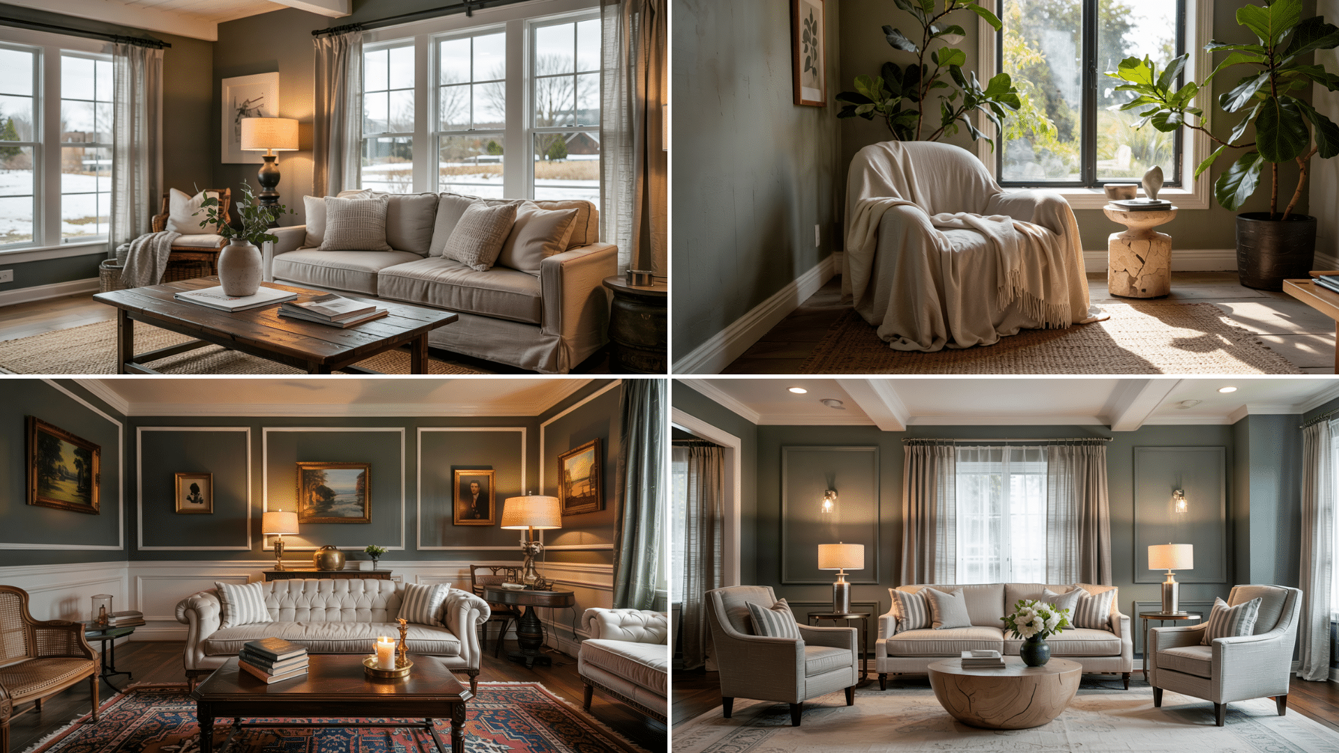 Four living room designs featuring deep olive walls and neutral furniture