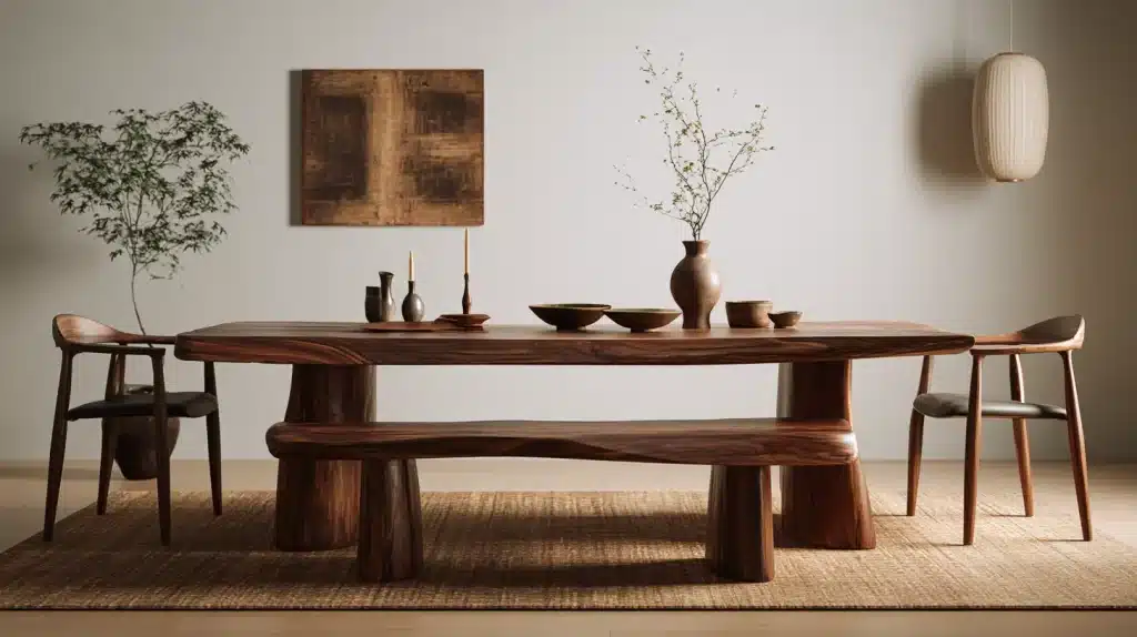 Dining table anr chair set, wooden work with modern design and a grey-beige background wall.