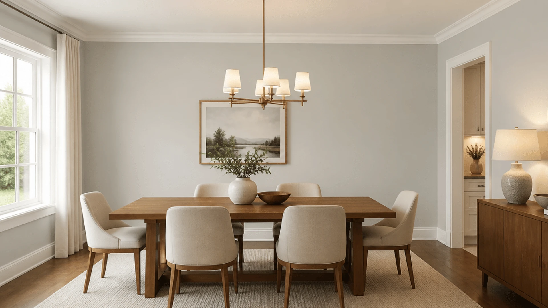 Dining room with a wooden table, six upholstered chairs, a chandelier, a framed landscape, and a sideboard.