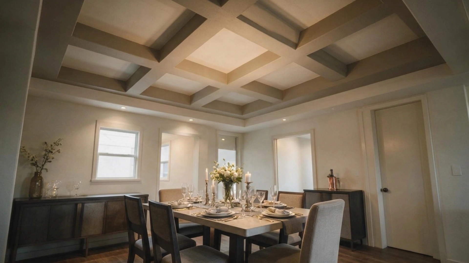 Dining room with two tone coffered ceiling centered pendant light wooden table neutral decor and warm lighting