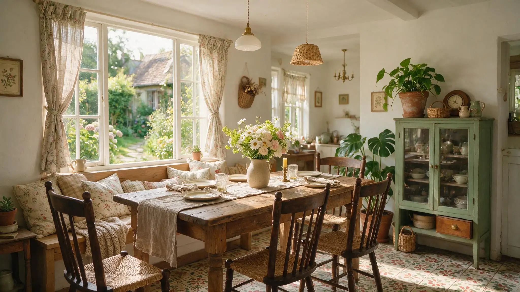 Bright cottagecore dining room with rustic wooden table mismatched chairs window bench flowers and green cabinet