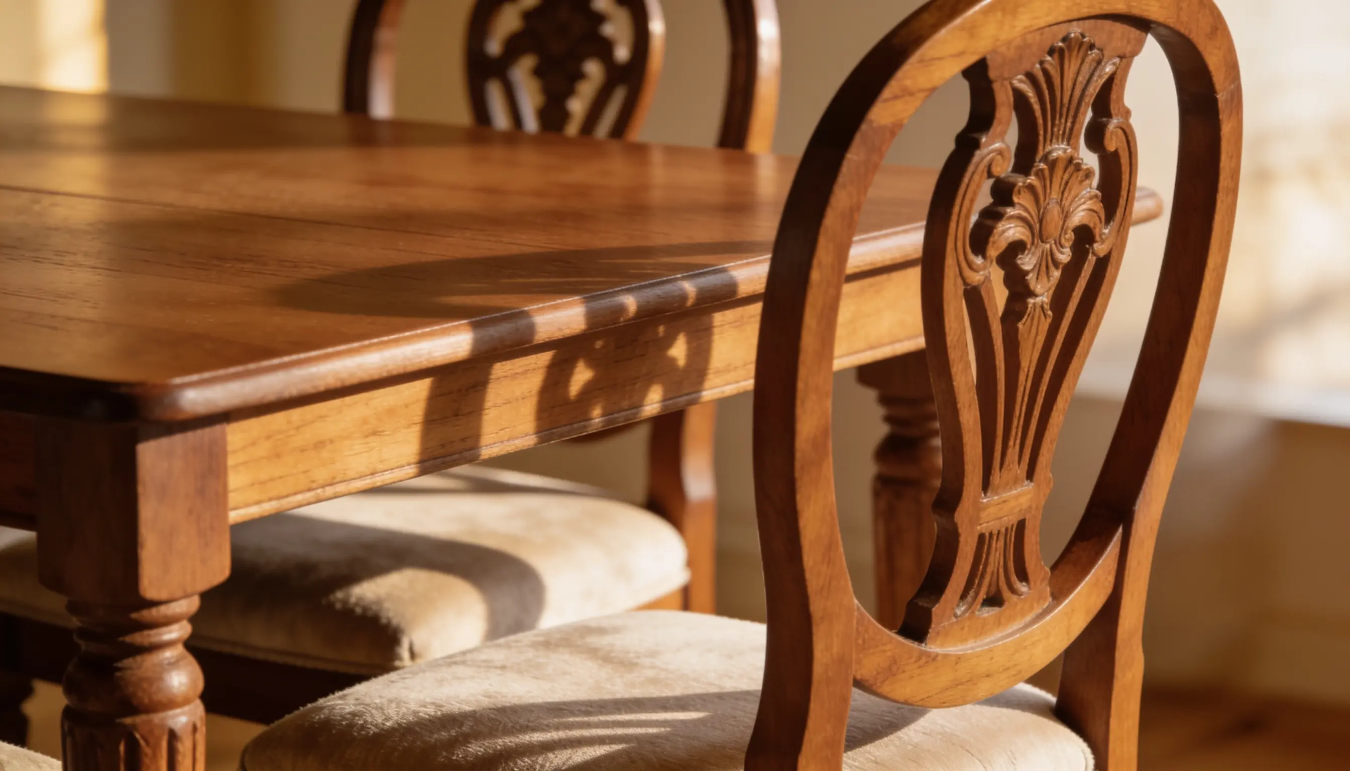 dining table set with intricate wood work and design, with a cream cushion seat.