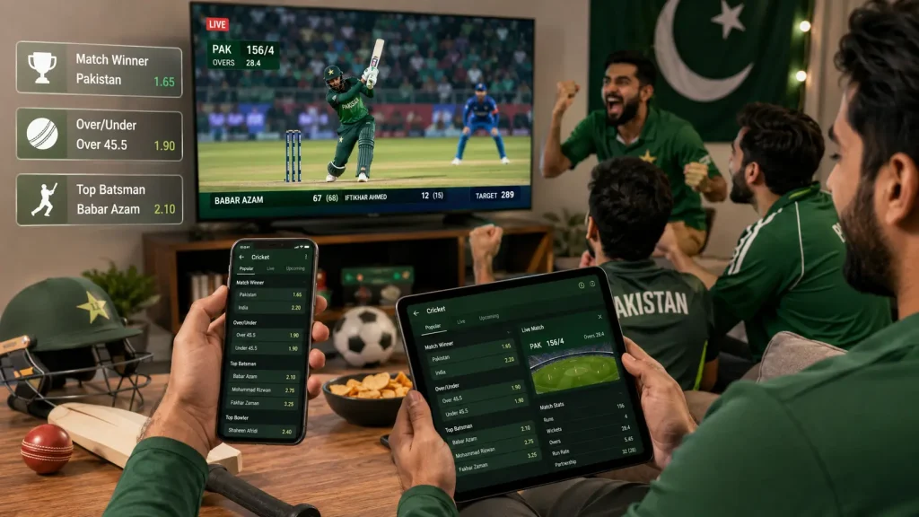 Cricket fans watching match on TV with live betting odds on phone and tablet