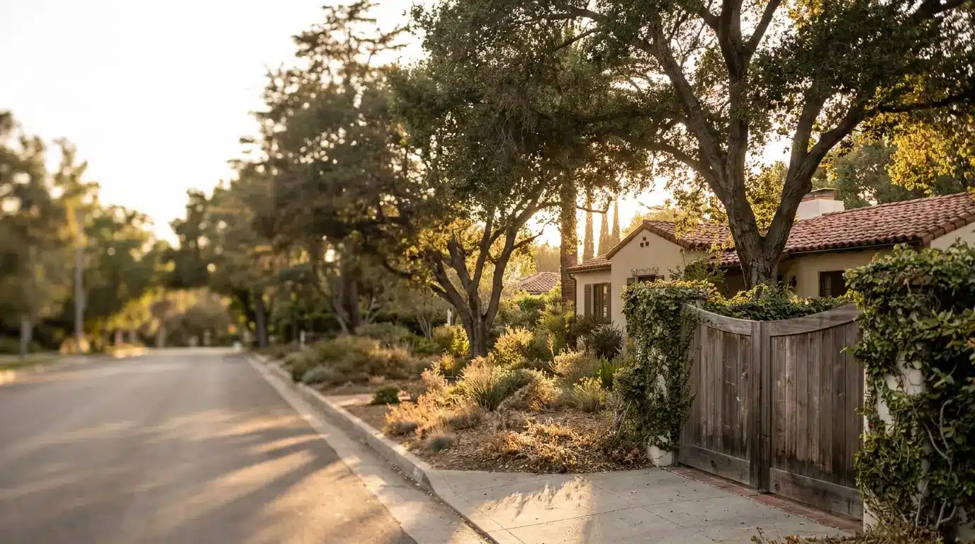 Sunny residential street with house, wooden gate, lush trees, and warm evening light