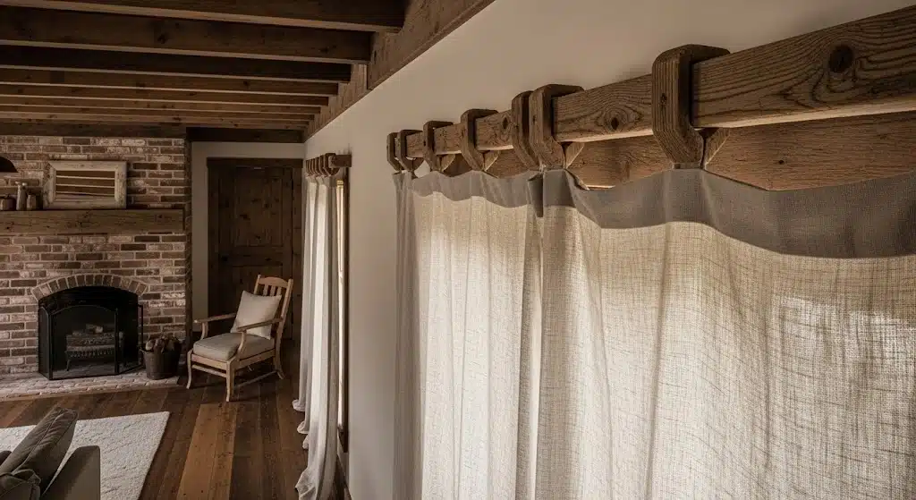 DIY reclaimed wood curtain rod holding neutral linen curtains in a rustic farmhouse living room.
