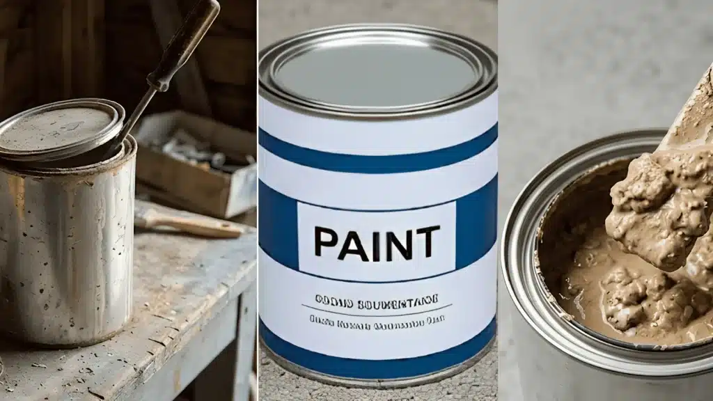 Three panels showing an old paint can, a new can, and lumpy spoiled paint.