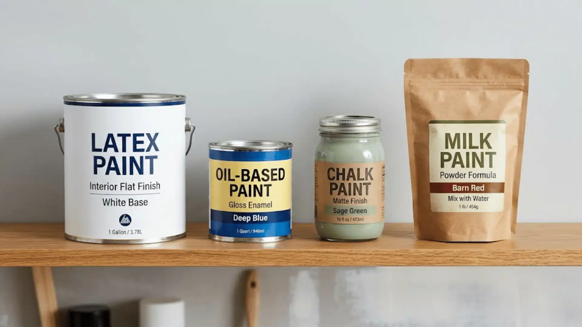 Latex, oil-based, chalk, and milk paint containers lined up on a shelf.