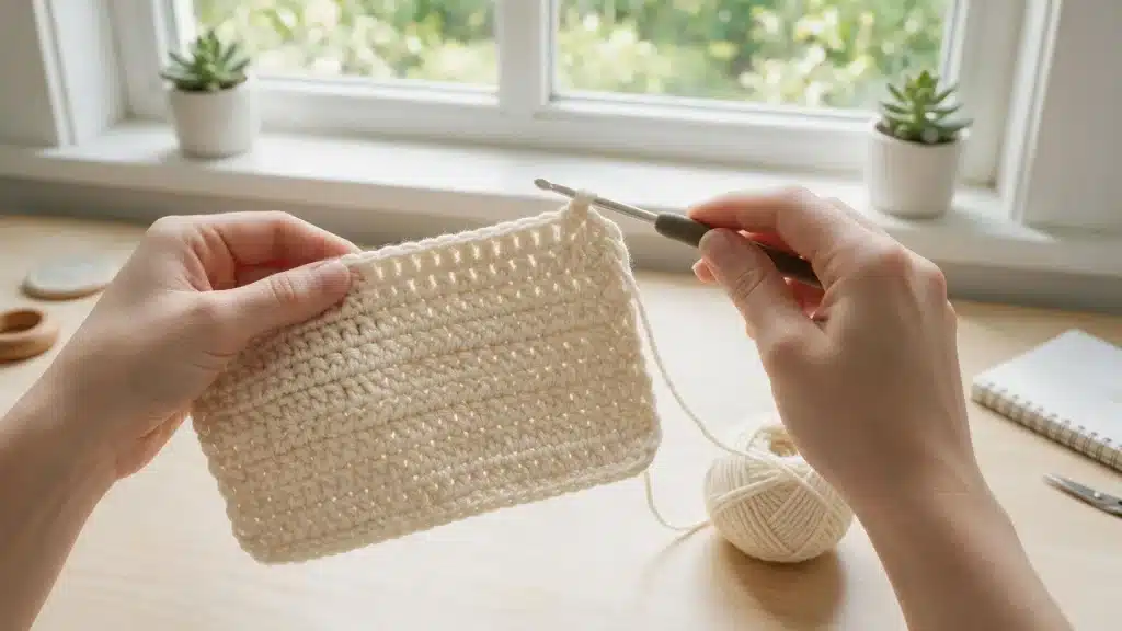 A person holds a crochet hook skillfully working with colorful yarn to create a knitted piece