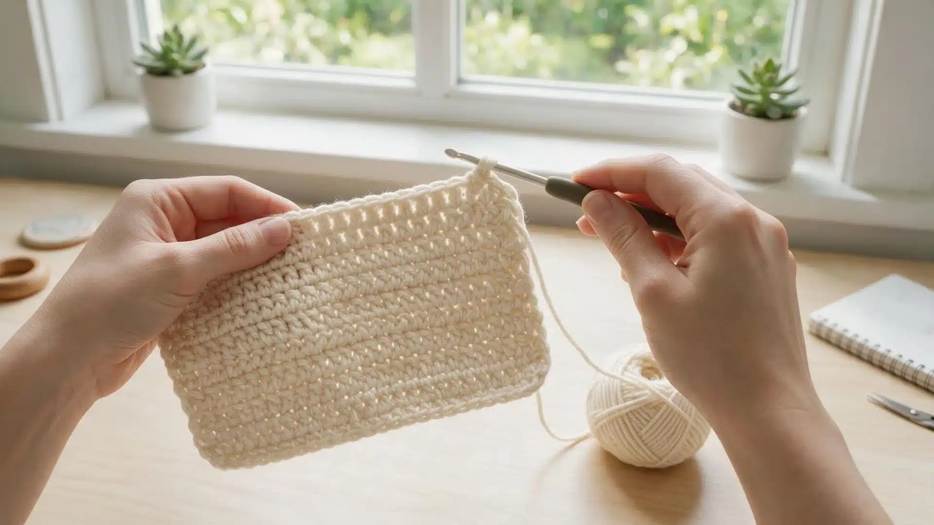 A person holds a crochet hook skillfully working with colorful yarn to create a knitted piece