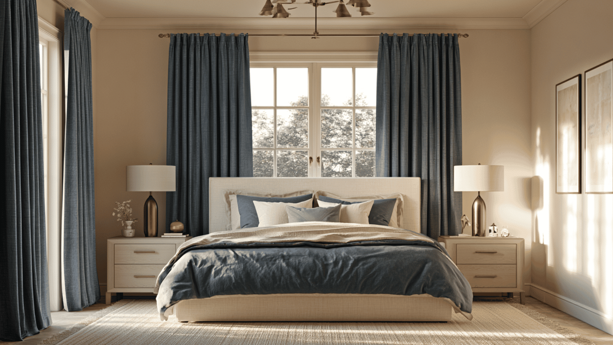beige bedroom with dusty blue curtains, bedding, and cream upholstered bed