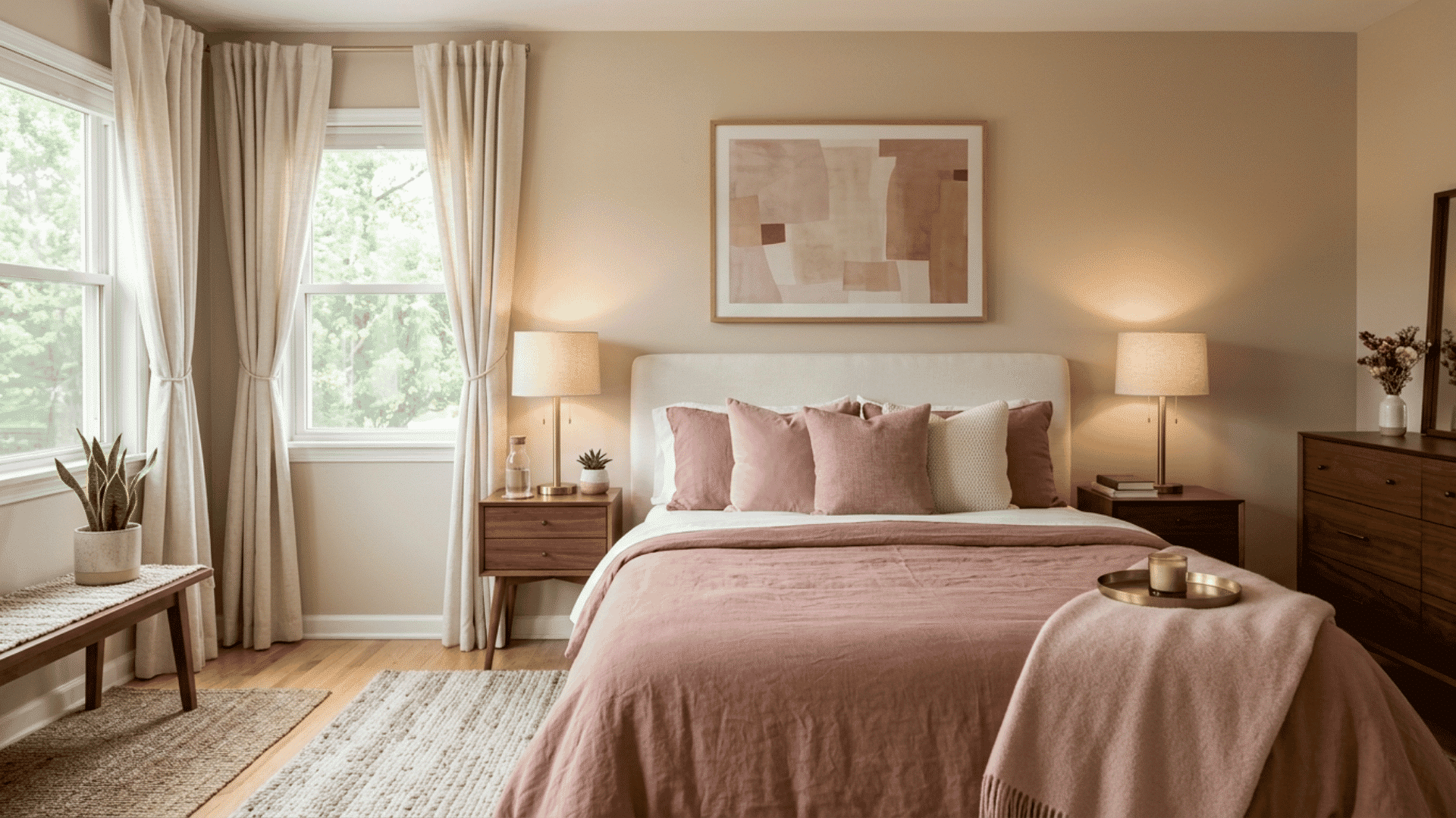 dusty rose bedroom with pink bedding, wood table, lamps, framed art, and windows