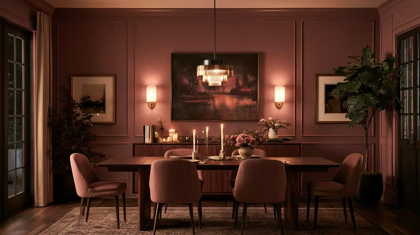 Sophisticated dining room with dusty rose walls, upholstered chairs, dark wood table, wall sconces, candles, and framed artwork.