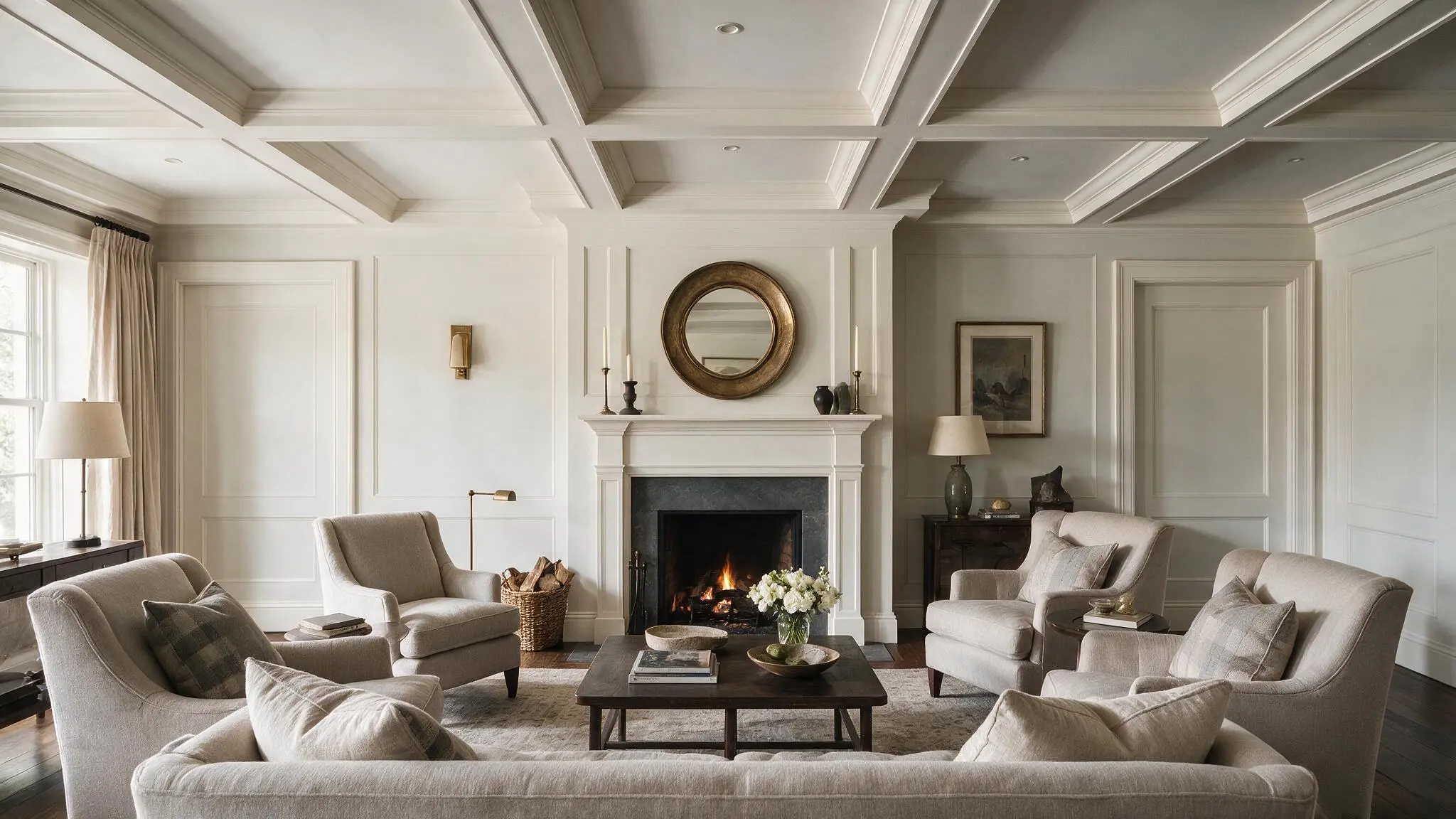 Elegant living room with white coffered ceiling fireplace neutral armchairs and detailed classic wall paneling