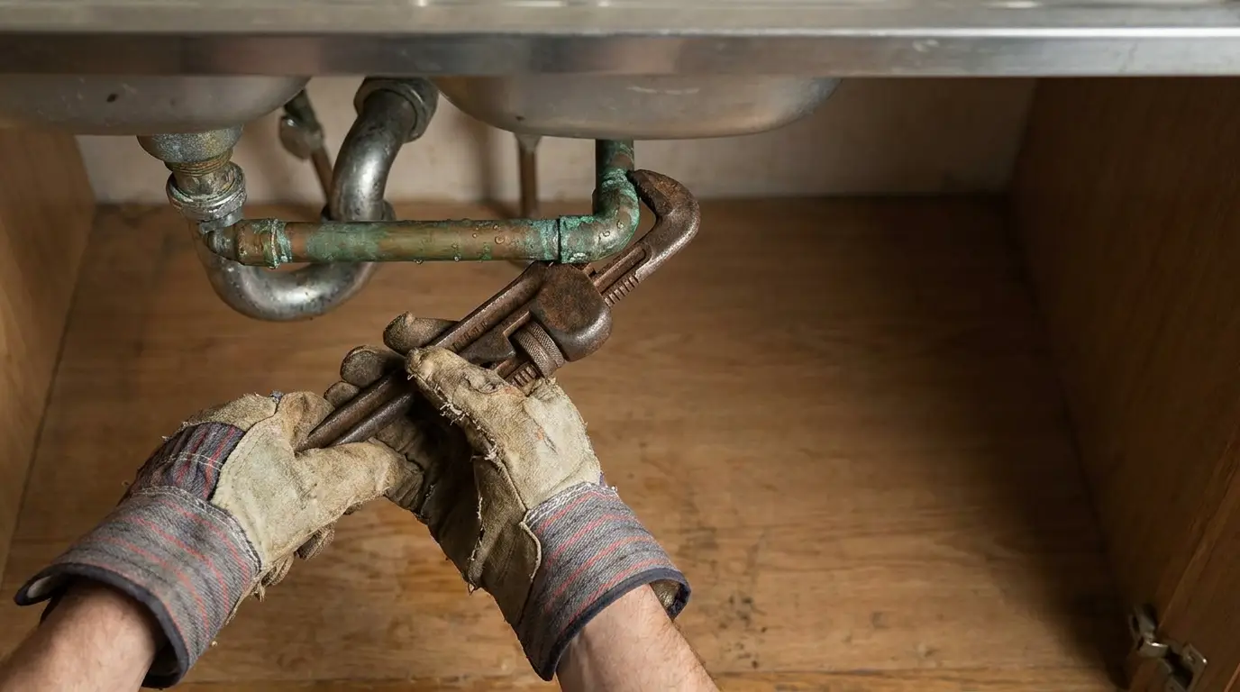 Hands in gloves using a pipe wrench to repair plumbing under sink in wooden cabinet