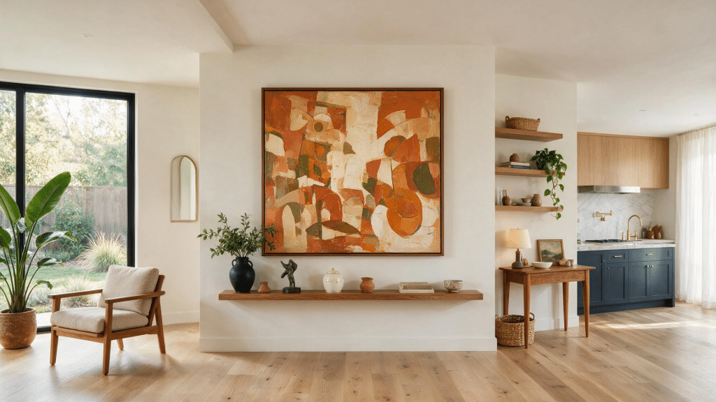 Large abstract terracotta canvas hanging above a floating wooden shelf in a room.