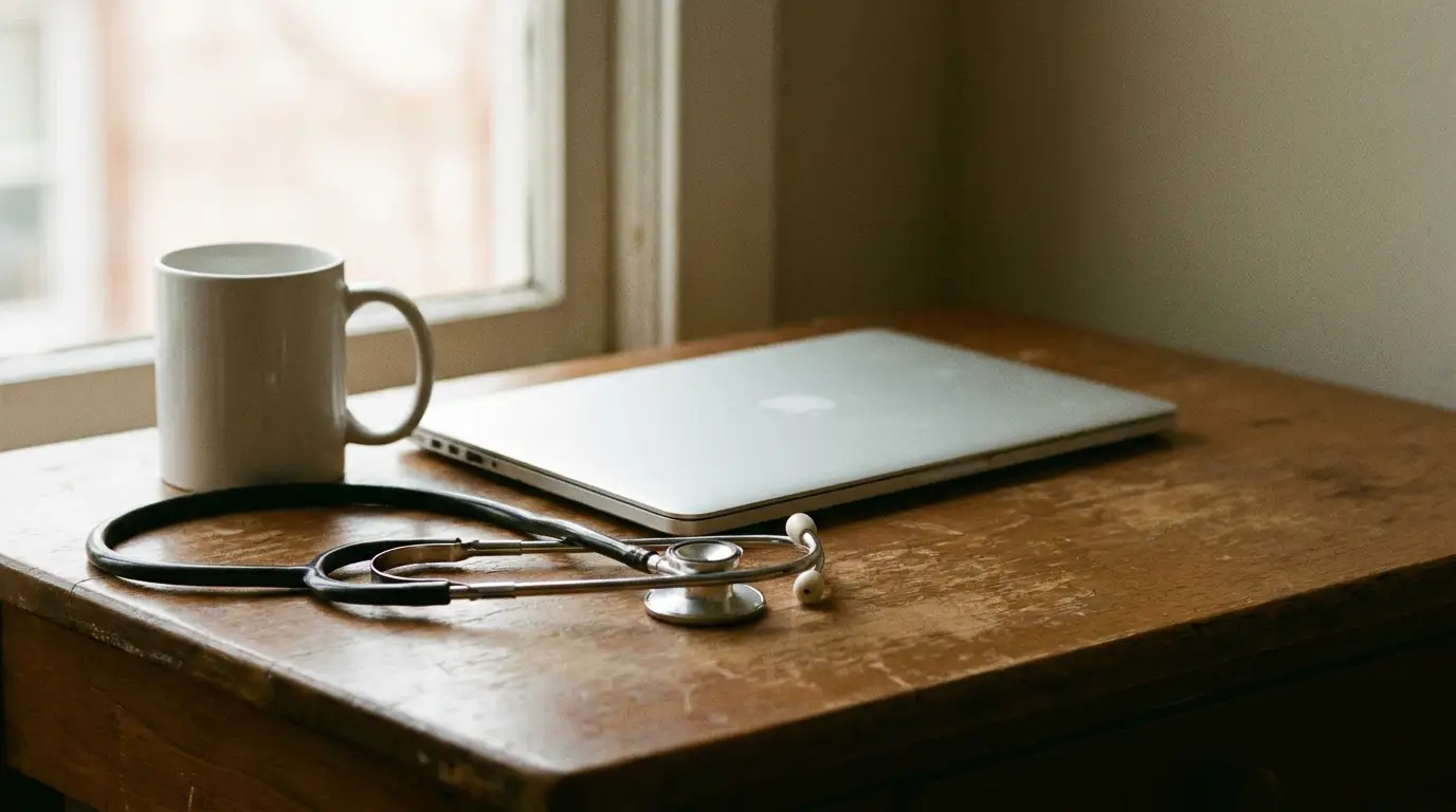 Stethoscope, closed laptop, and white mug on wooden table by a window