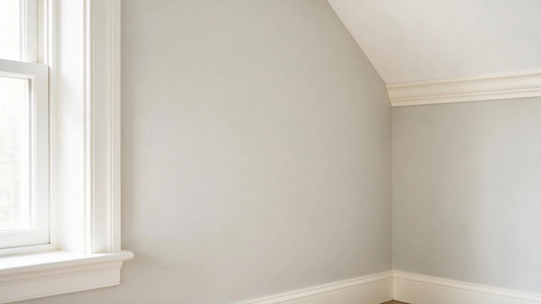 Empty room corner with light gray walls, white crown molding and baseboards, and a tall window on the left.