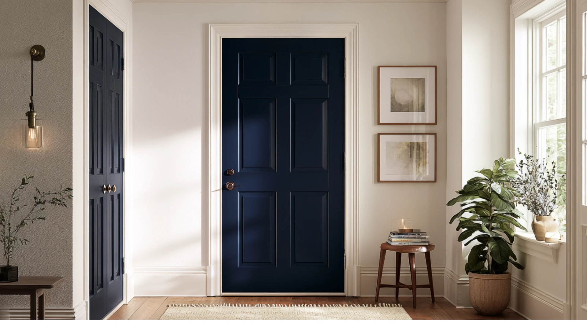Entryway featuring Hale Navy interior doors with white trim, warm wood flooring, framed artwork, and a large potted plant.