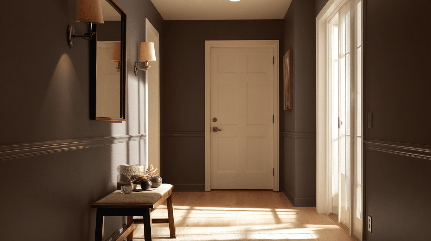 Urbane Bronze entryway walls with white trim, warm lighting, and wood flooring
