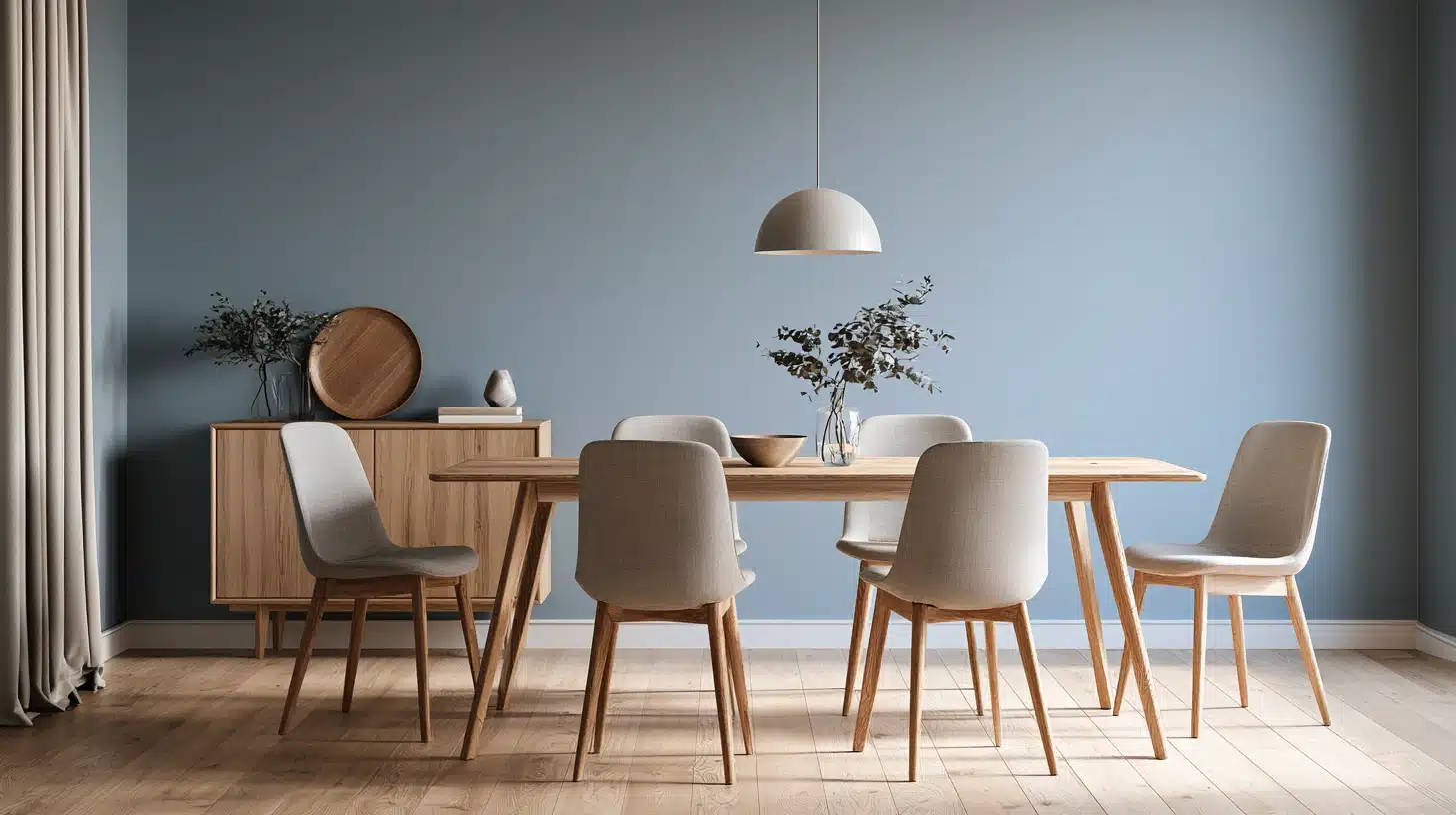 Minimal dining room with soft blue-gray walls, light wood table, neutral upholstered chairs, pendant light, and simple decor.