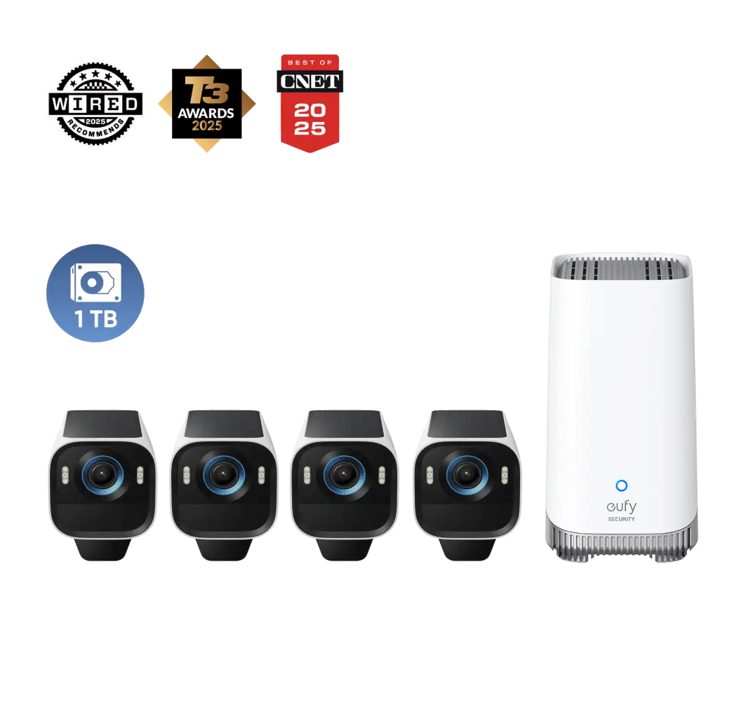 Home security camera system with four cameras and a white base station on white background