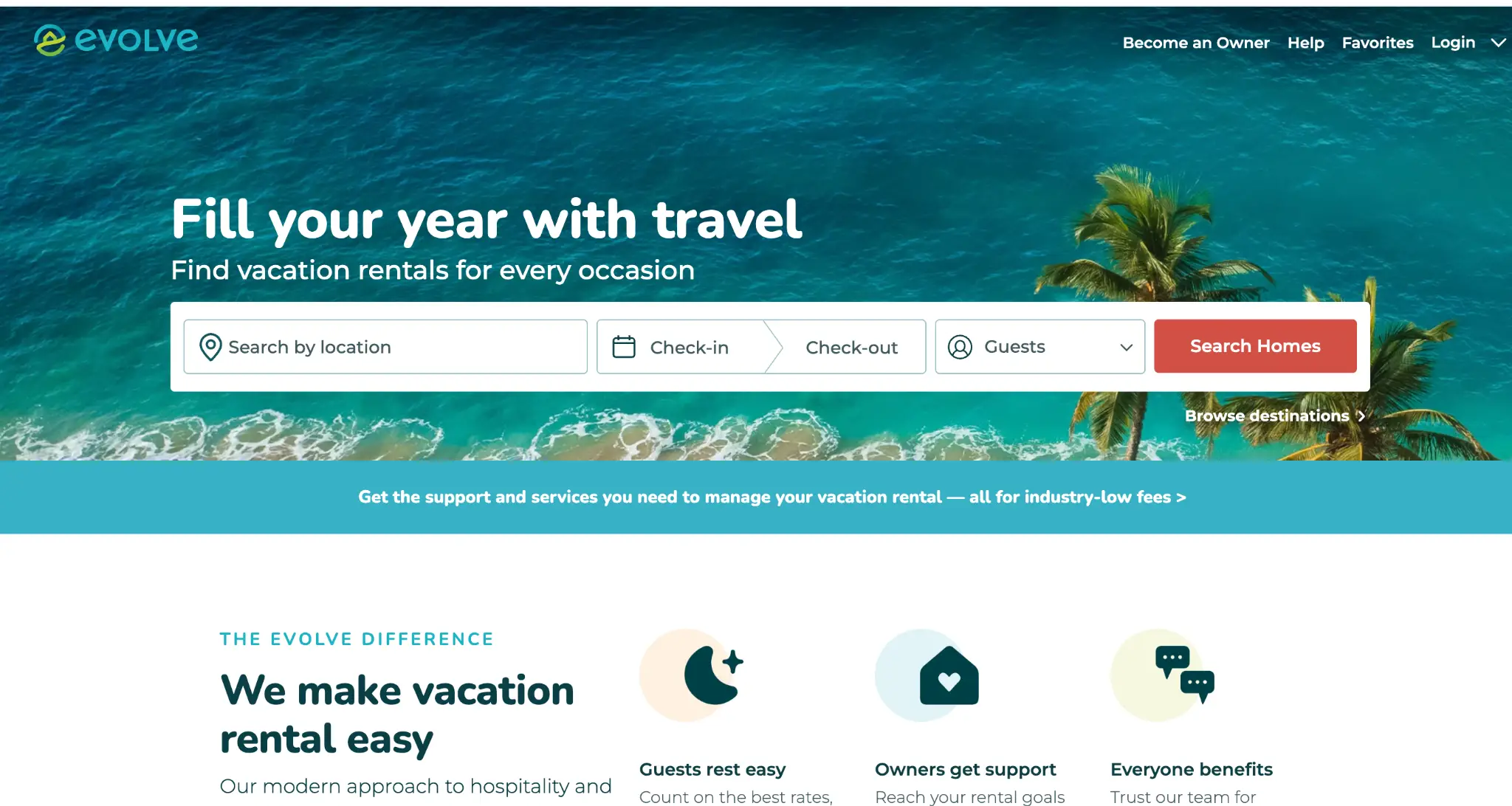 Tropical beach with turquoise waters and palm trees, vacation rental search overlay