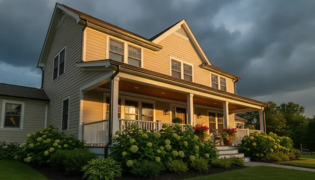 Two-story house with a porch and flowering plants under dramatic cloudy sky