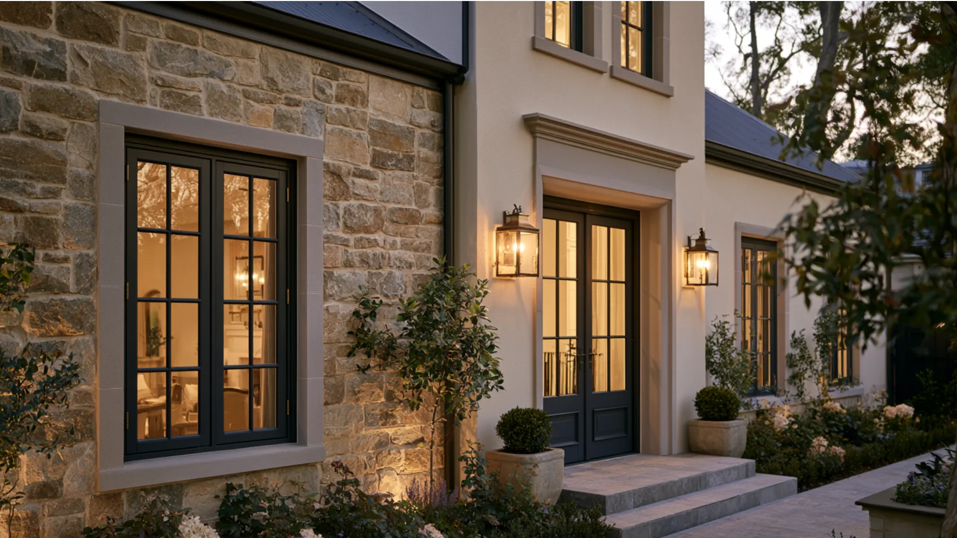 Exterior view of a stone house with several windows and a brightly illuminated front door, emphasizing its inviting appearance.