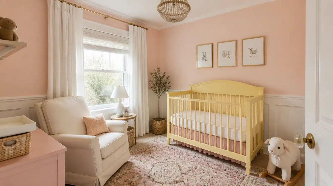 Pastel pink and cream nursery with a yellow crib, white armchair, framed animal prints, plush lamb, and patterned rug.