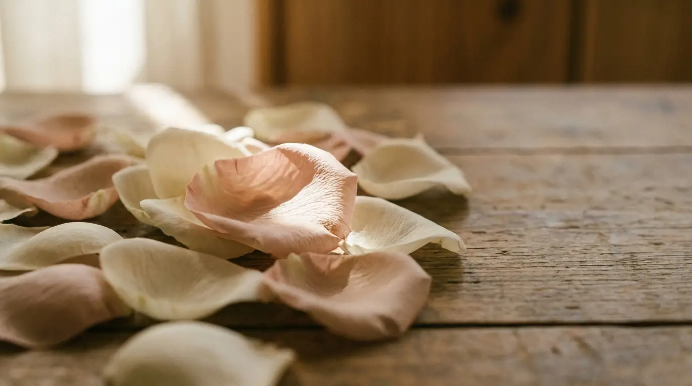 Rose petals scattered on rustic wooden surface with warm natural light