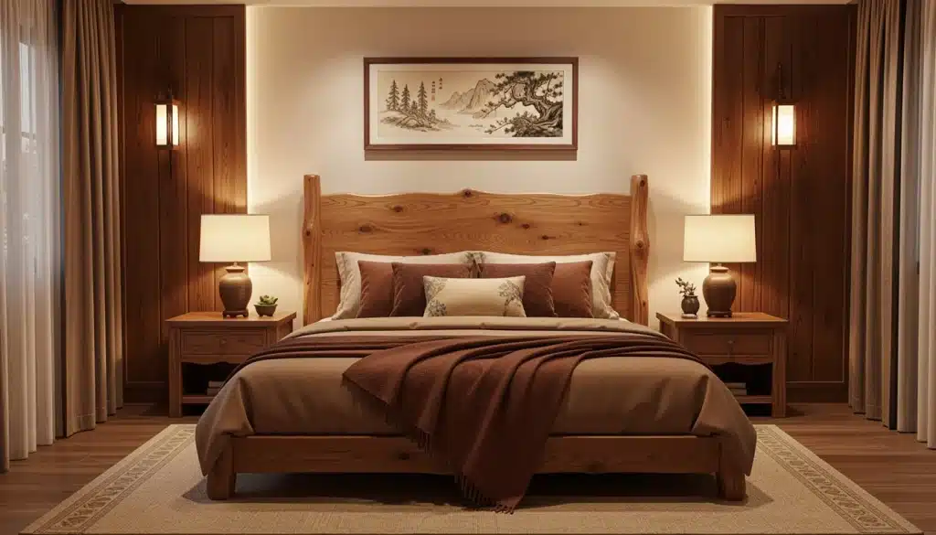 Cozy modern bedroom featuring wooden furniture, warm lighting, and decorative accents for a serene atmosphere.