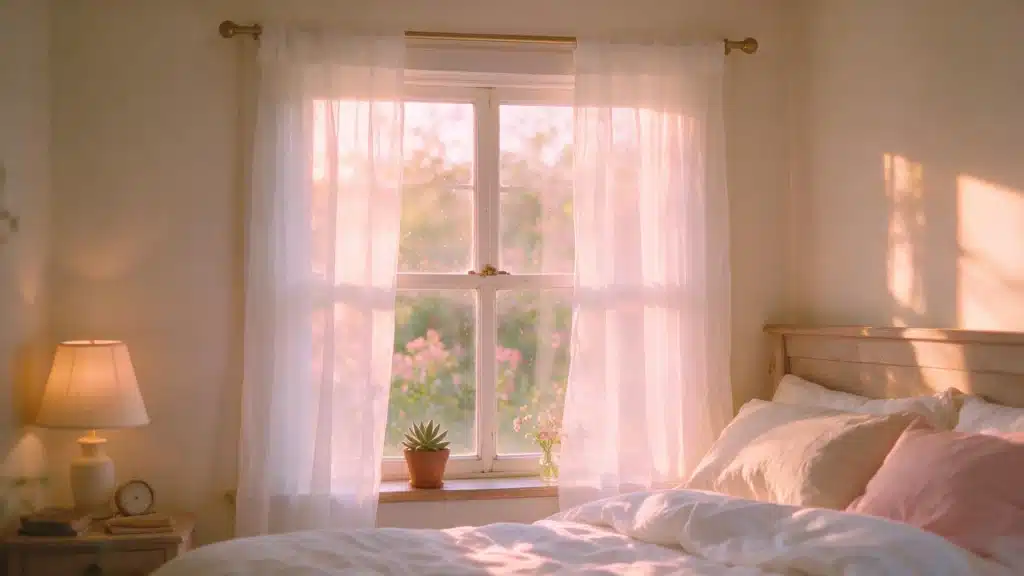 Sunlit bedroom window with sheer white curtains glowing in golden morning light
