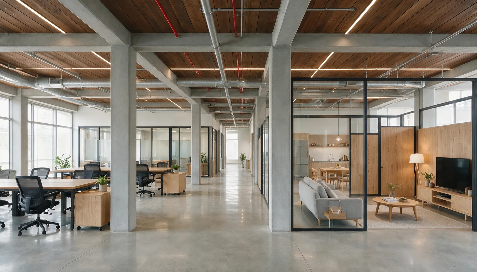 flexible contemporary interior with modular grid, removable partitions, and office space converting into housing