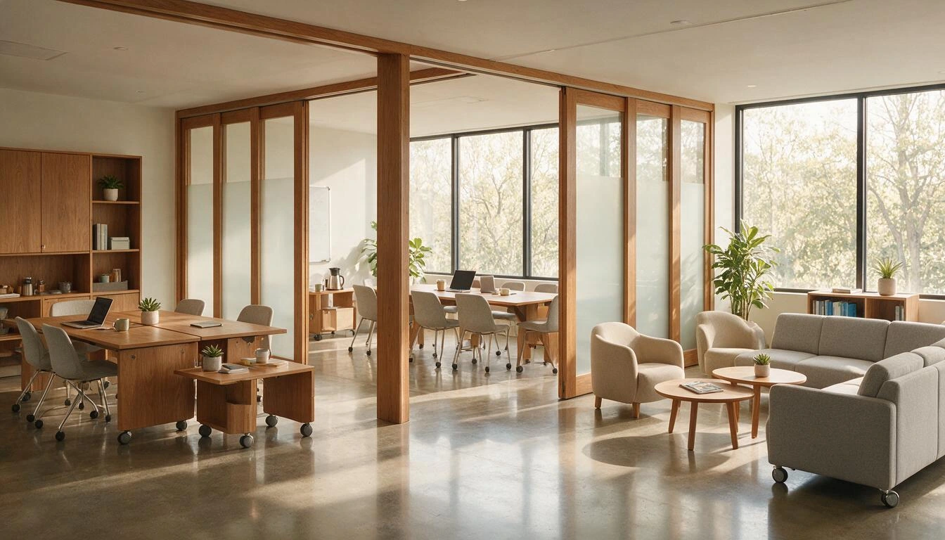 flexible contemporary office with sliding partitions, modular furniture, meeting spaces, and a bright lounge area inside