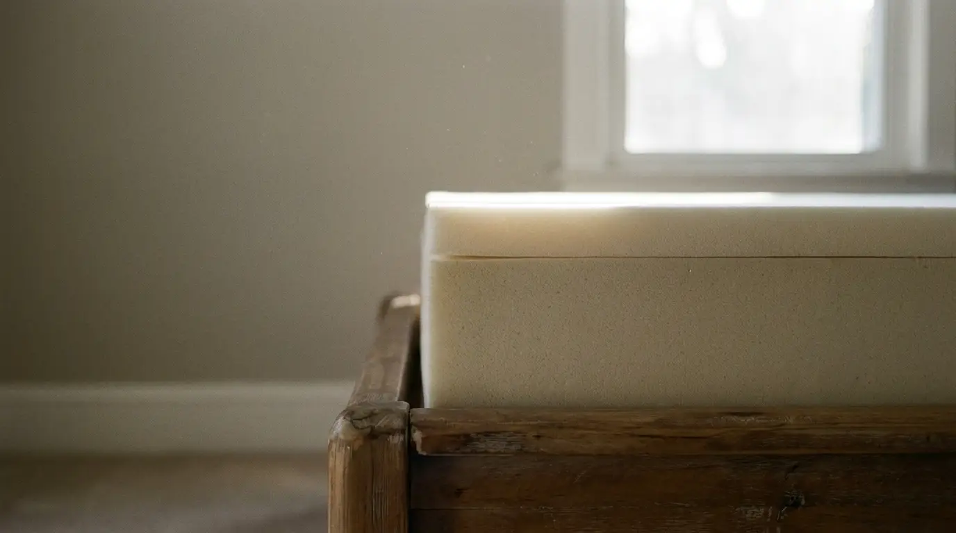 Foam mattress on wooden bed frame in softly lit bedroom near window