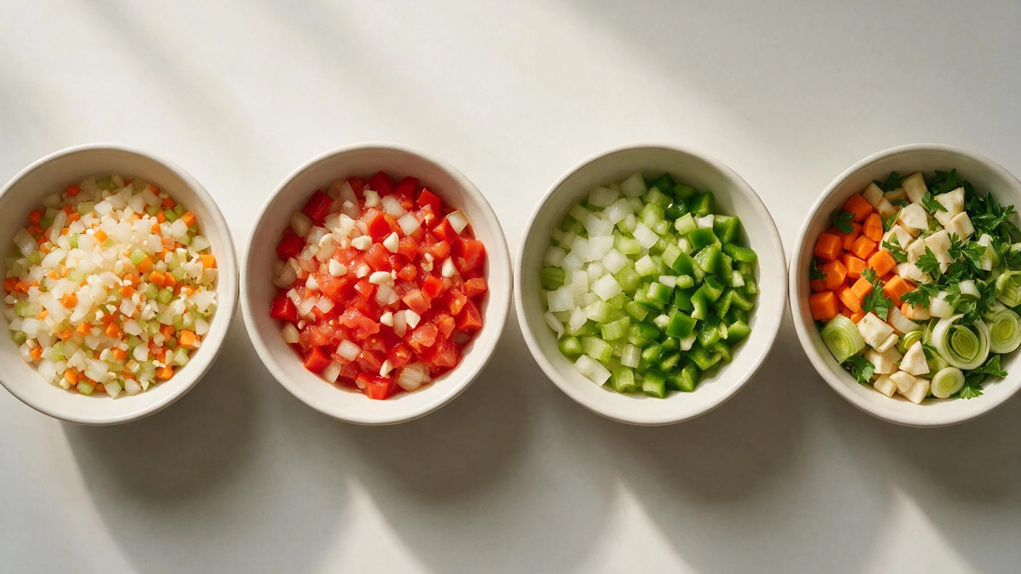 Four bowls of chopped aromatic vegetables representing mirepoix, sofrito, Cajun holy trinity, and German suppengrün.