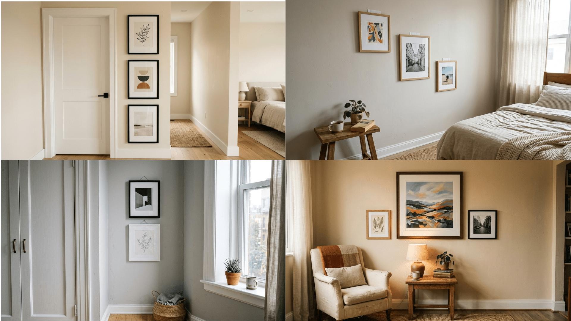 four cozy interiors featuring framed wall art arranged in simple gallery-style layouts