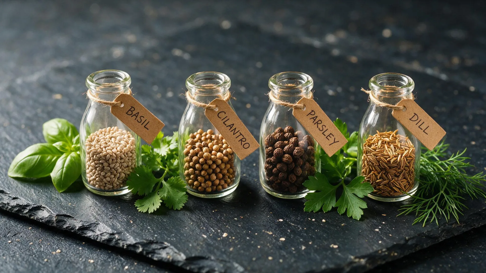 Four glass bottles of herbs with tags labeled