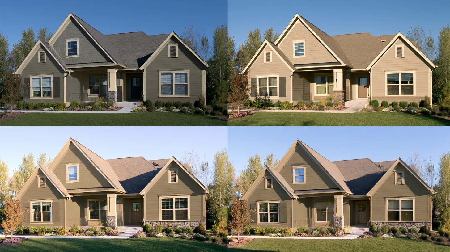 Four similar views of a suburban single-story house with gabled roofs, shown in different exterior colors and lighting conditions.