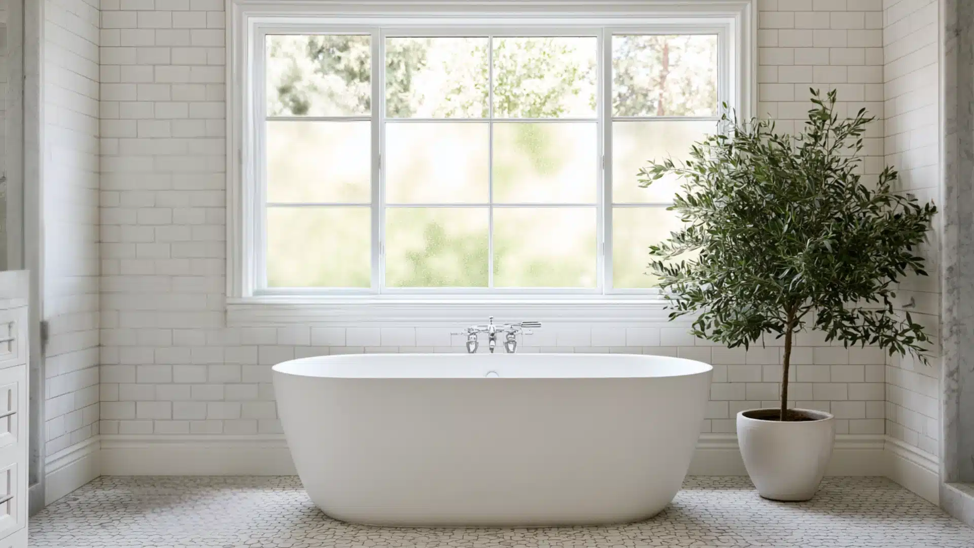 Freestanding white soaking tub placed under a window next to a potted olive plant.