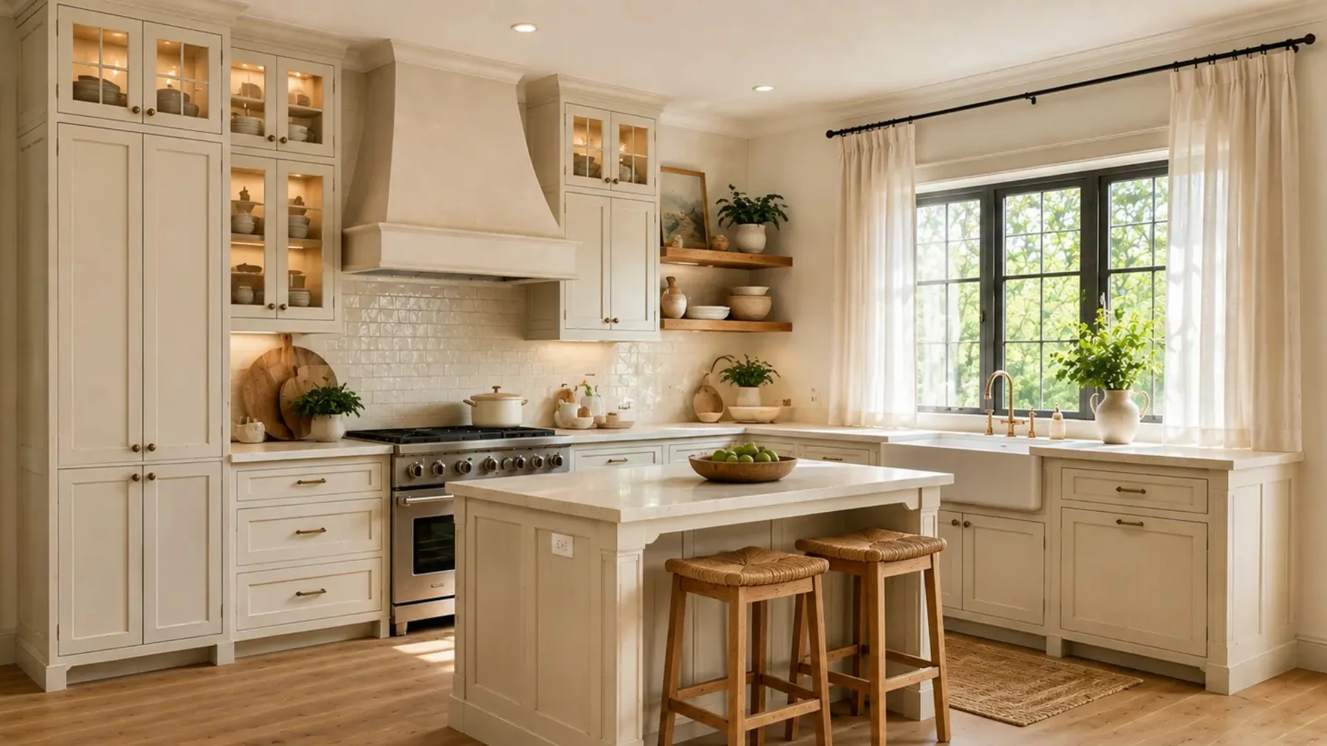 French country kitchen with cream cabinets farmhouse sink center island warm wood flooring and natural daylight