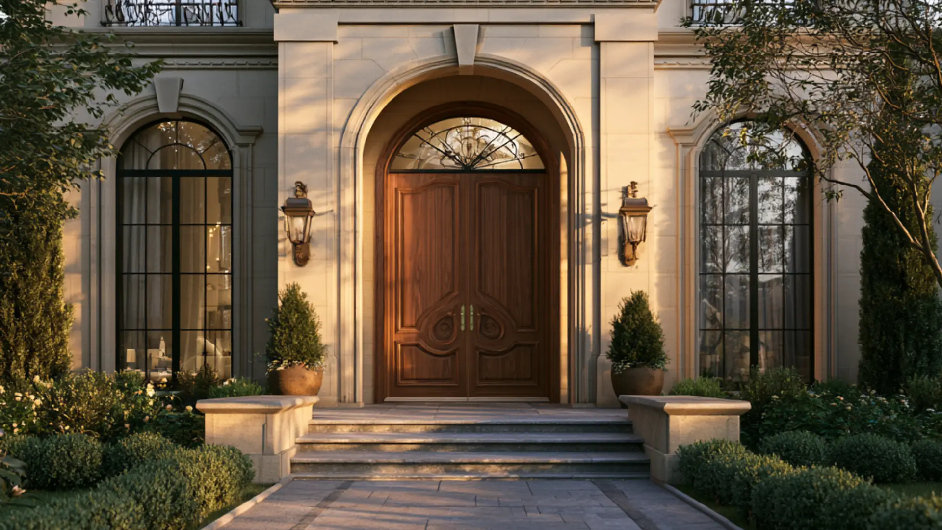 French Provincial front entrance with arched wooden doors tall French windows stone facade and classic lanterns