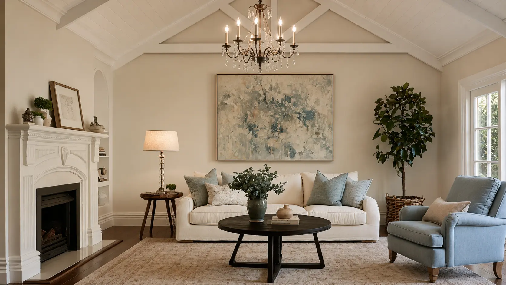 French Provincial living room with cream sofa fireplace warm wood flooring neutral decor and exposed ceiling beams
