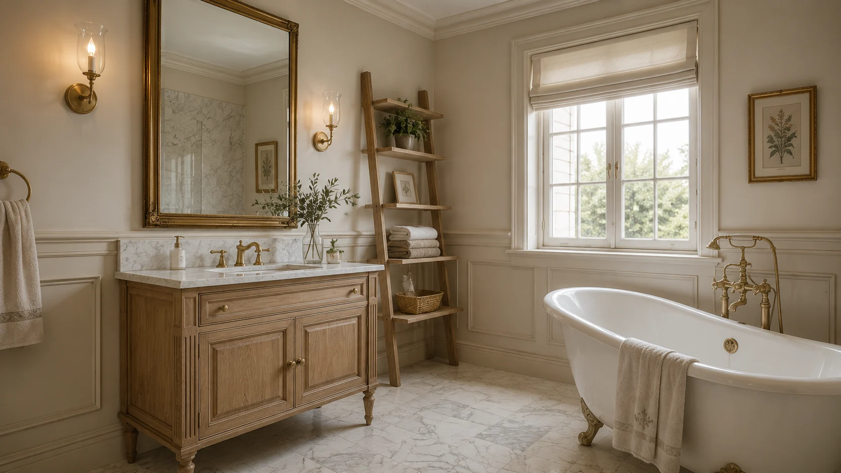 French style bathroom with freestanding tub wood vanity marble floor brass fixtures and neutral colors