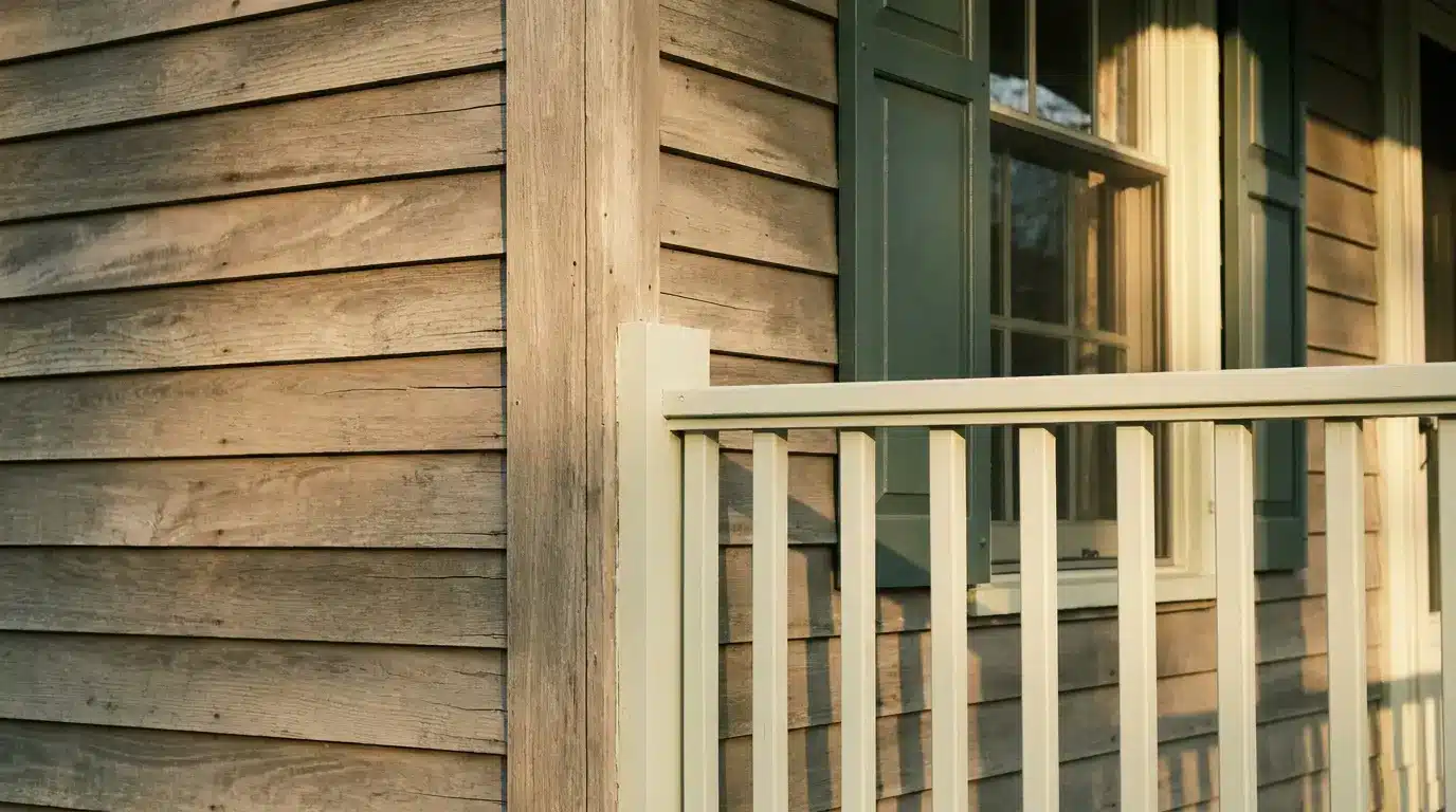 Wooden porch with green window shutters and cream railing in warm sunlight