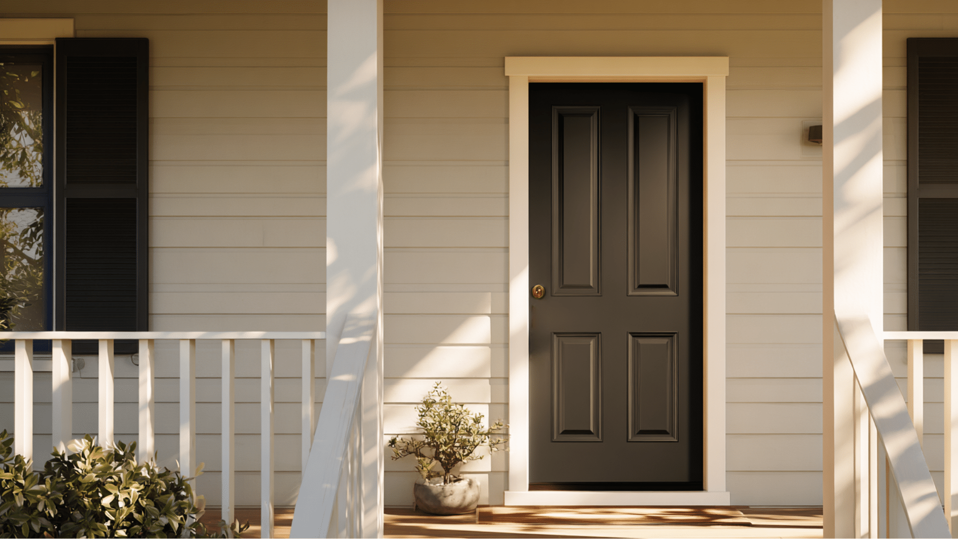 Urbane Bronze front door with white siding, dark shutters, and porch railings