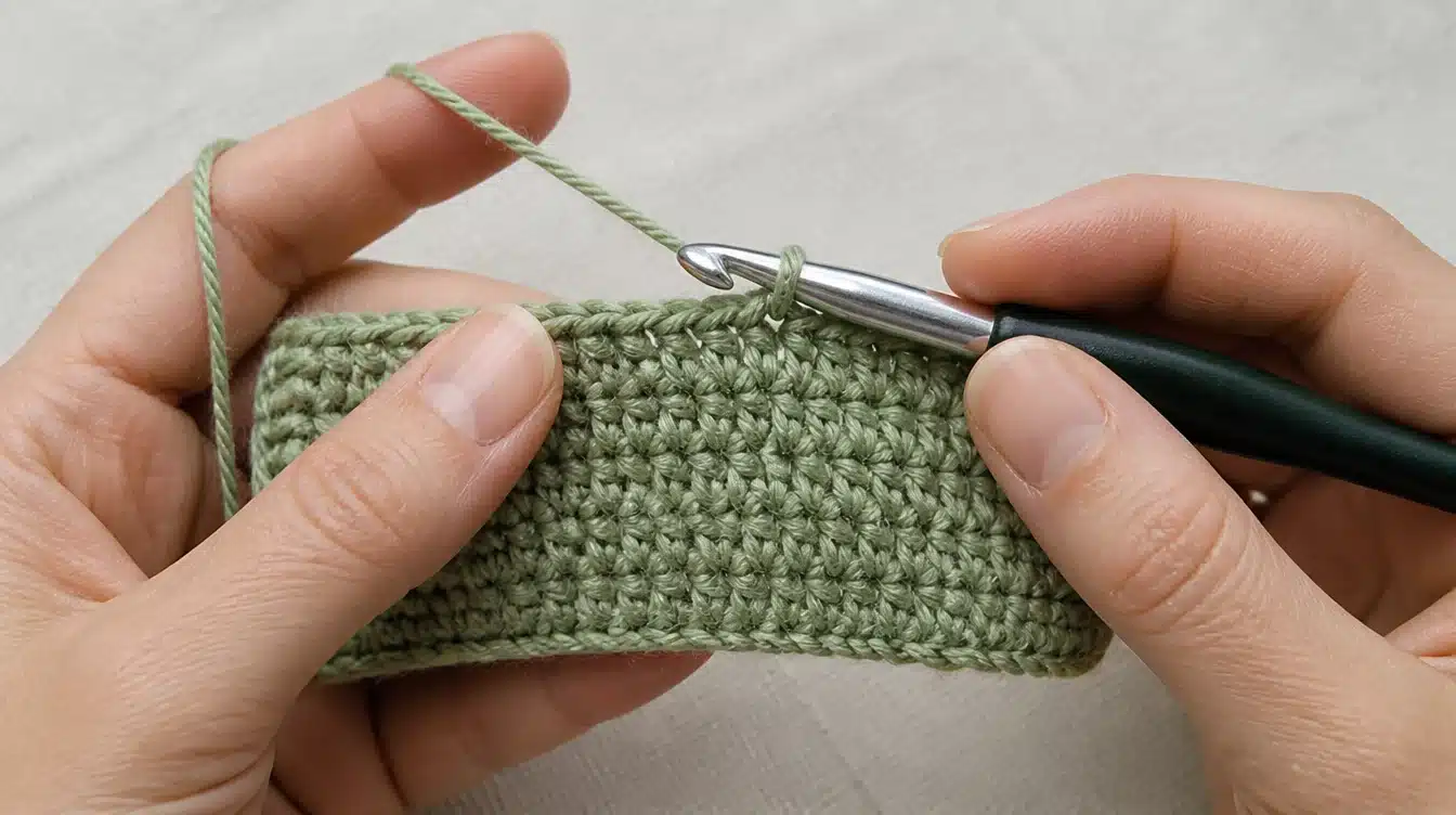 A person skillfully uses a crochet hook to create a green crocheted piece, showcasing their crafting technique.