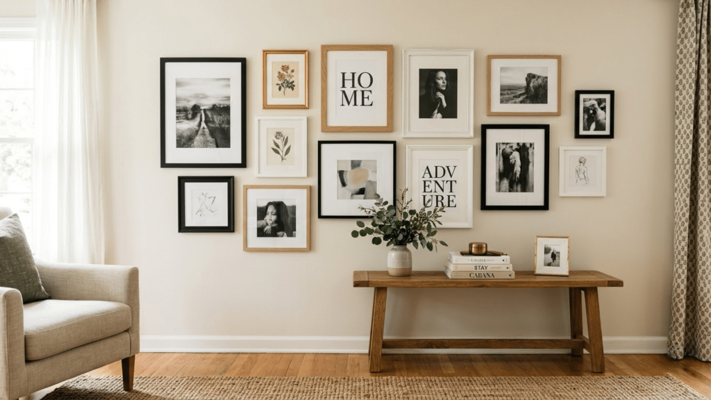 A gallery wall layout ideas showing mixed picture frames arranged in a salon-style display above a wooden console table.