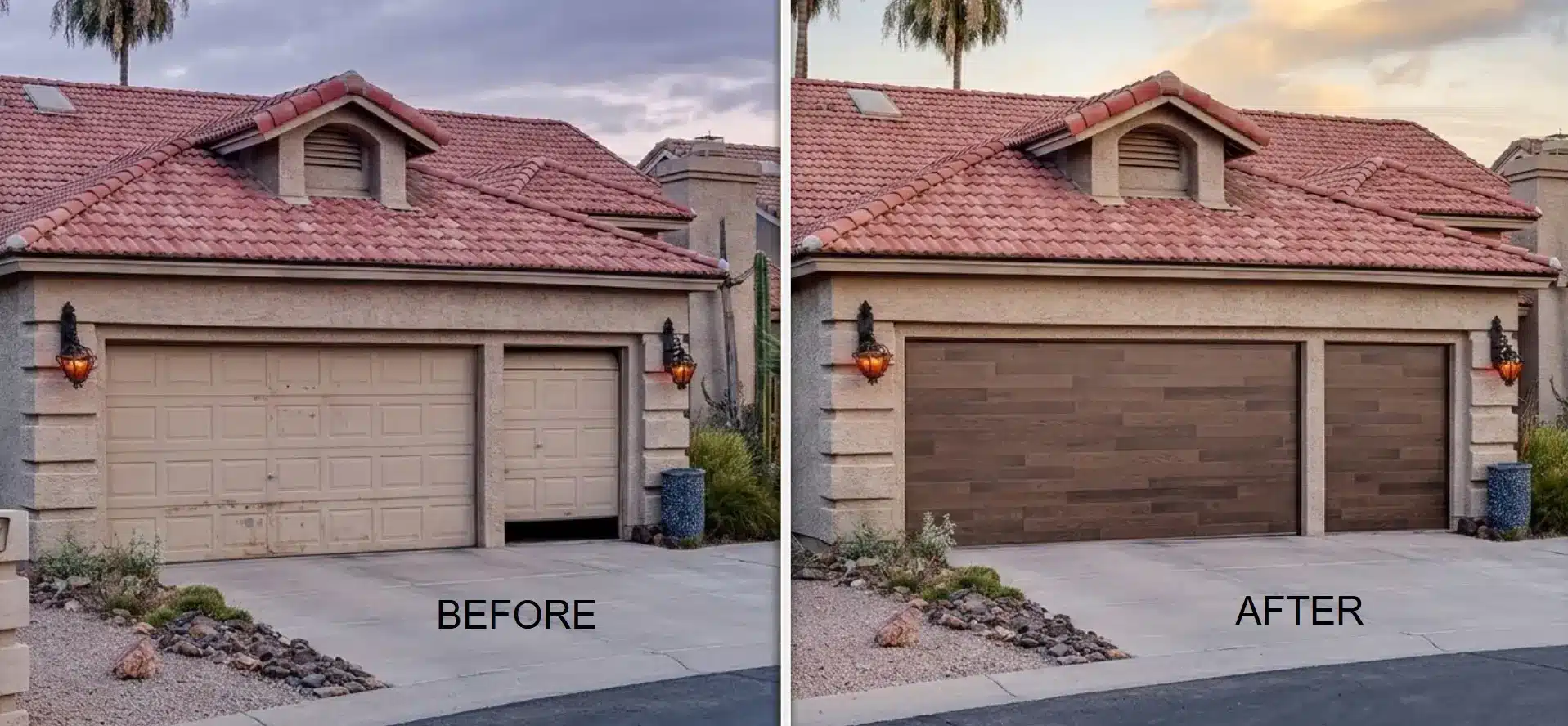 Side-by-side comparison of a garage door before and after upgrade with wooden panels